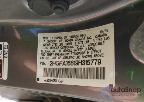 2009 Honda Civic Ex from USA, damaged, VIN 2HGFA16819H315779